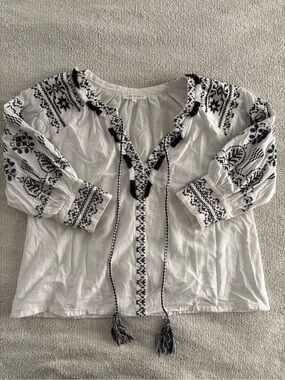 Free the Roses White Peasant Blouse with Black Embroidery
